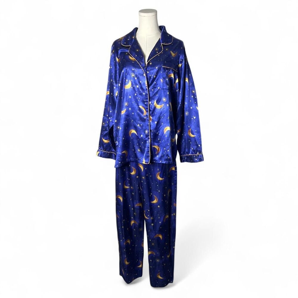 90s Vintage Celestial Sun & Moon Satin Long Sleeve Pant Pajama Set Whimsigoth